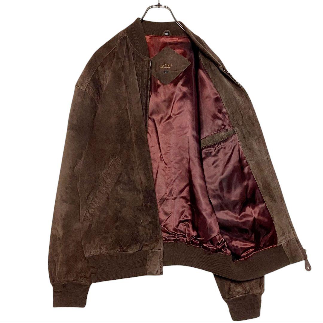 レトロ古着 豚革スエードレザージャケット ブラウン 茶 L ジップアップ