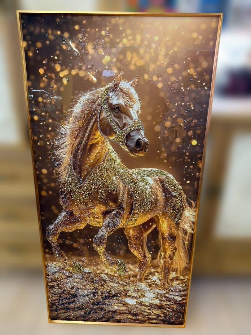 アートパネル　馬　ゴールド　水晶絵　キラキラ　金運　絵　額縁　壁掛け　アート
