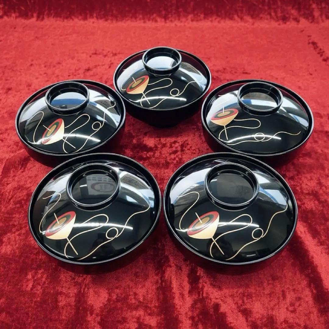 時代物】金沢漆器 能作謹製 独楽蒔絵 千筋吸物椀×5客セット縁起物 民藝