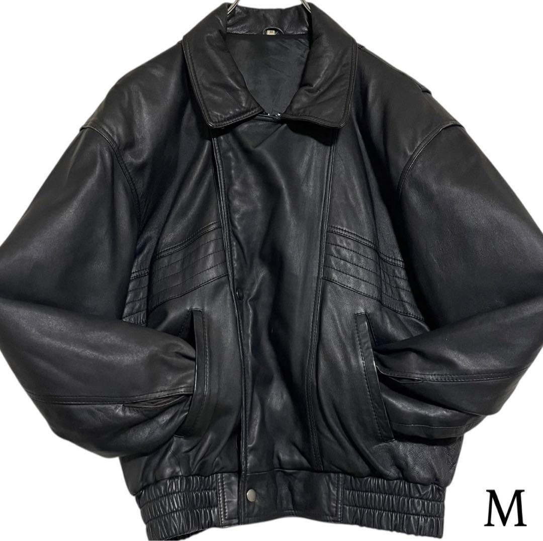 【vintage】羊革 本革 ラムレザーシングルライダースジャケット ブラックM