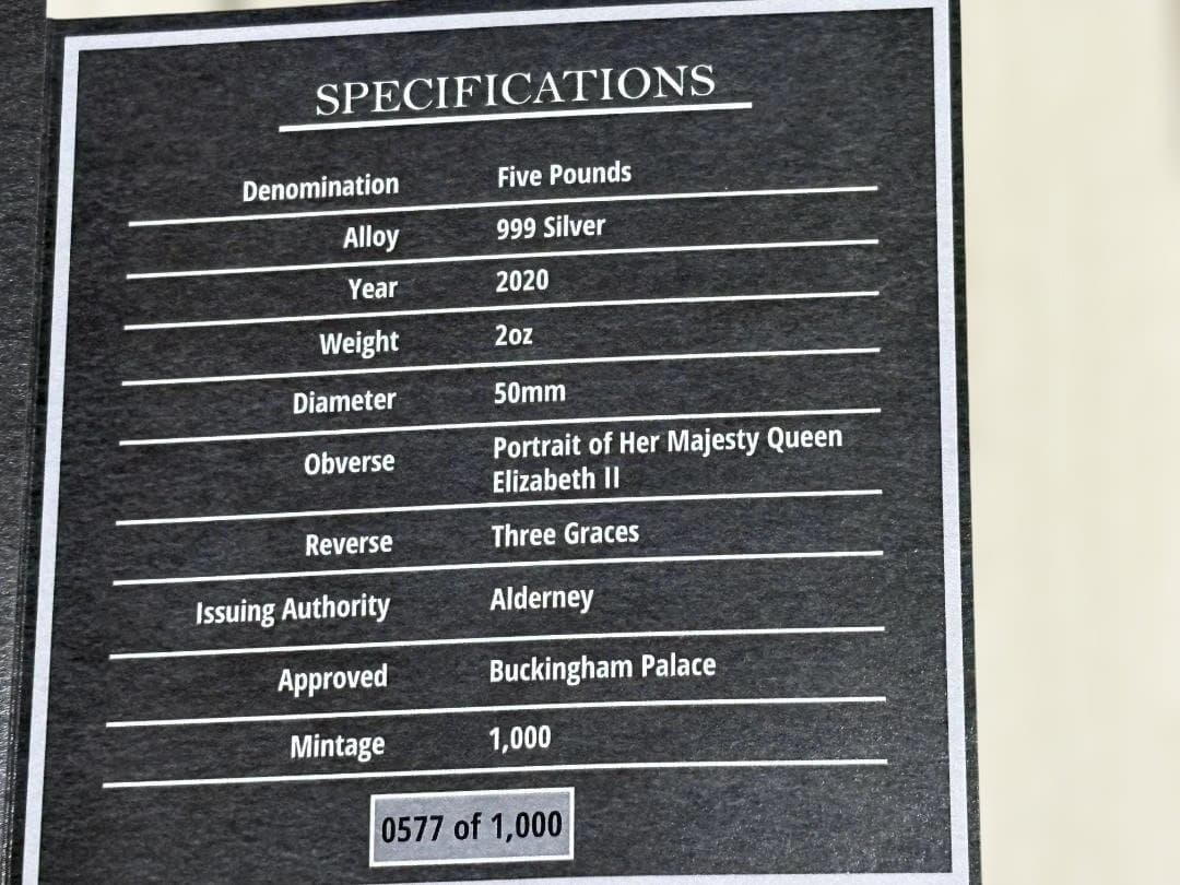 最高鑑定】オルダニー島発行 2020年 5ポンド銀貨 スリーグレーセス