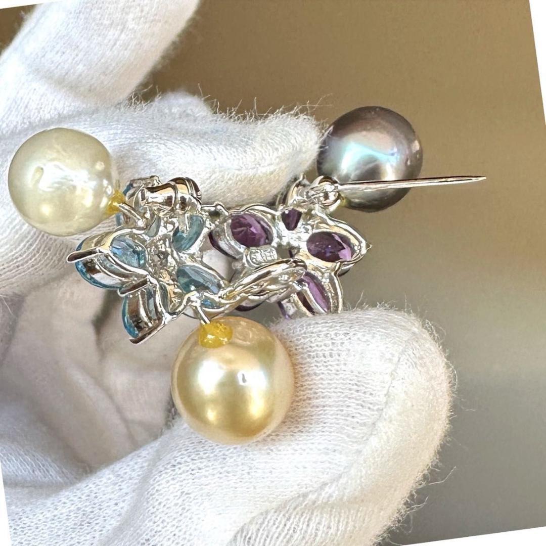 アメジスト　ブルートパーズ　パール3pcs　ブローチ　SVシルバー 10.22g