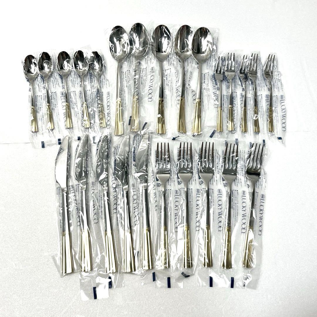 ◼︎新品◼︎【ラッキーウッド】カトラリーディナーセット　金彩　25本　18-8 LUCKY WOOD（ラッキーウッド） カトラリーセット ナイフ フォーク