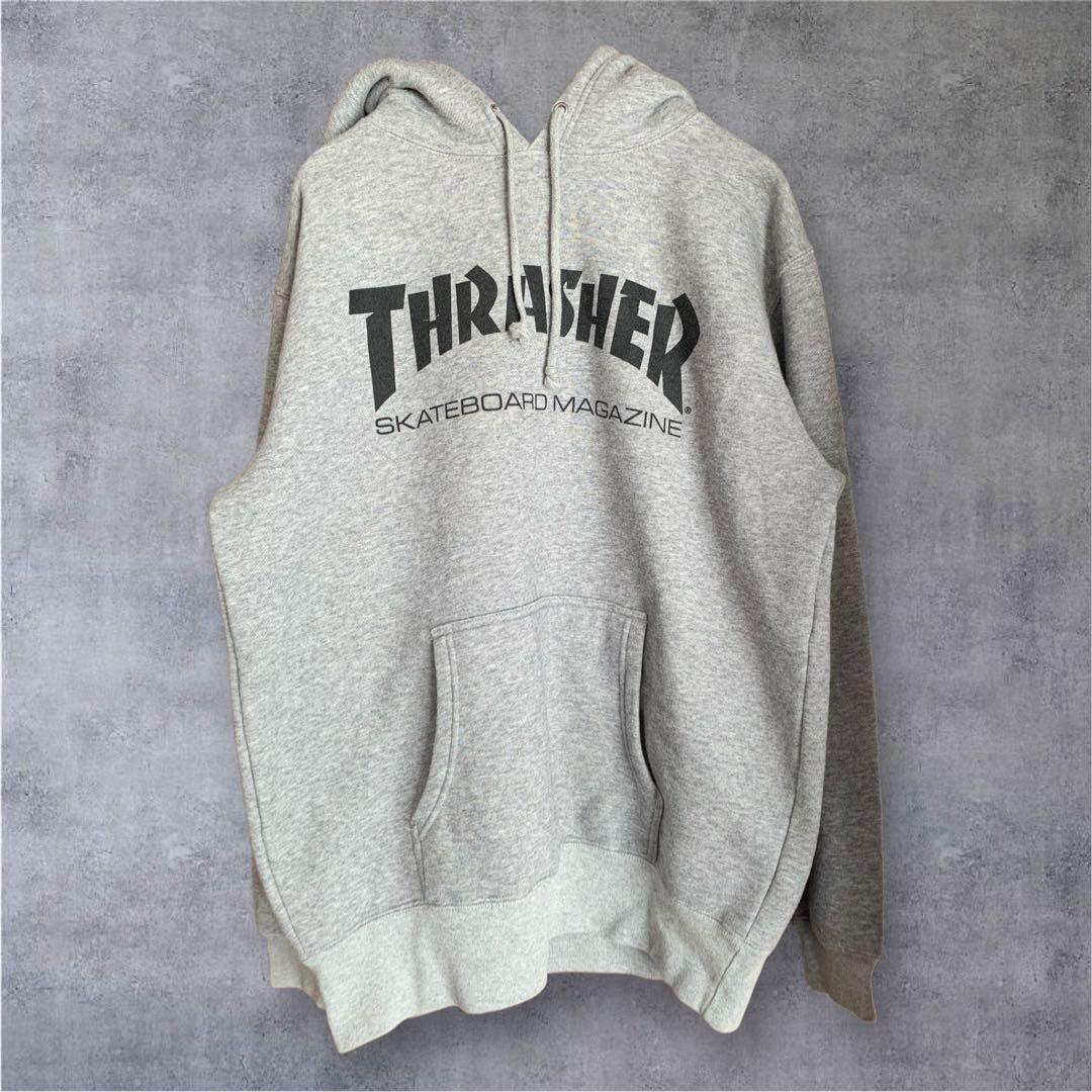 定番】THRASHER スラッシャーロゴプリントパーカー グレー Lサイズ