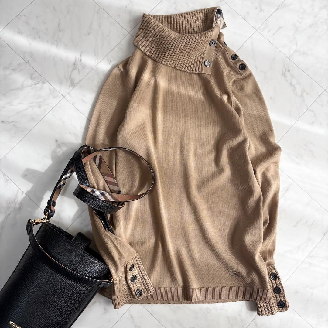 【バーバリー】ハイネックニット　薄手　ノバチェック　ホースロゴ　ウール　茶色