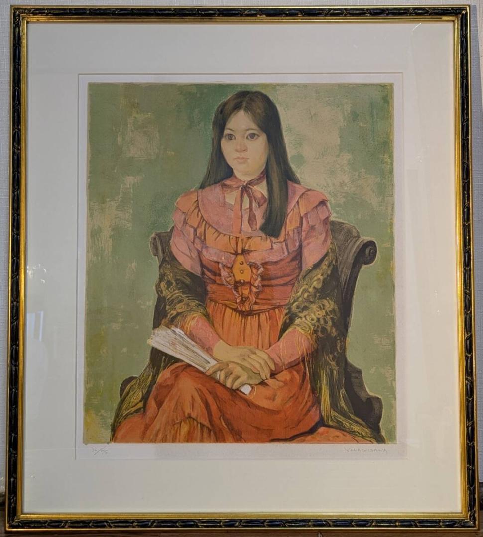 【真作】版画　柳沢淑郎　リトグラフ　扇を持つ少女　上品な色彩と表情美　X80