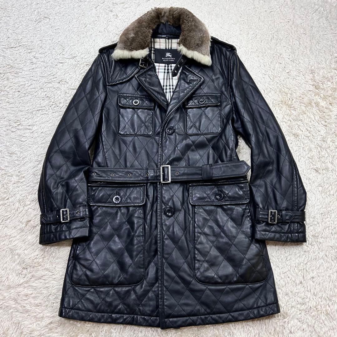 バーバリー ラムレザートレンチコート 黒 Mサイズ ラビットファー キルティング