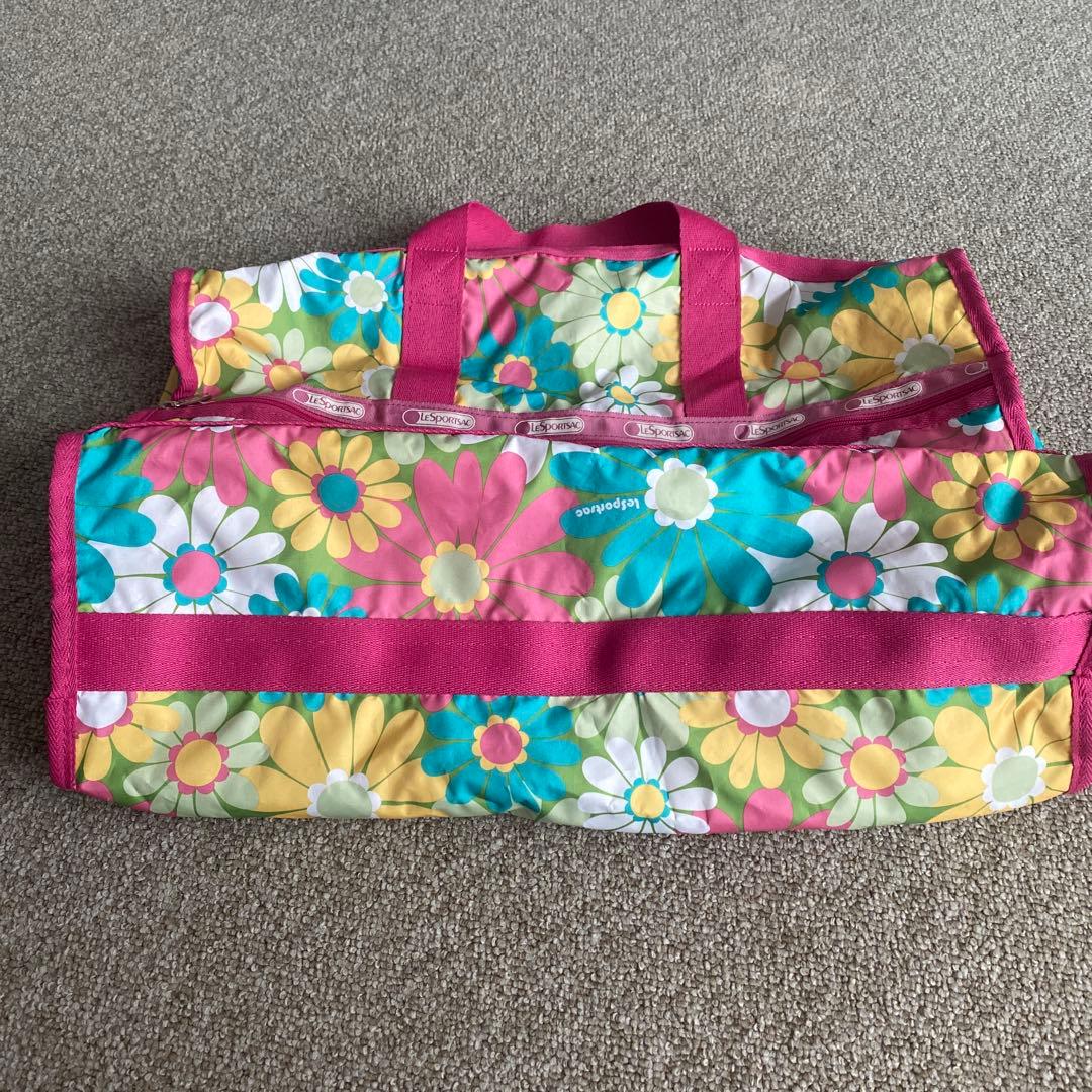 美品 レスポートサック ラージボストンバッグ ピンク花柄 ゴールデン