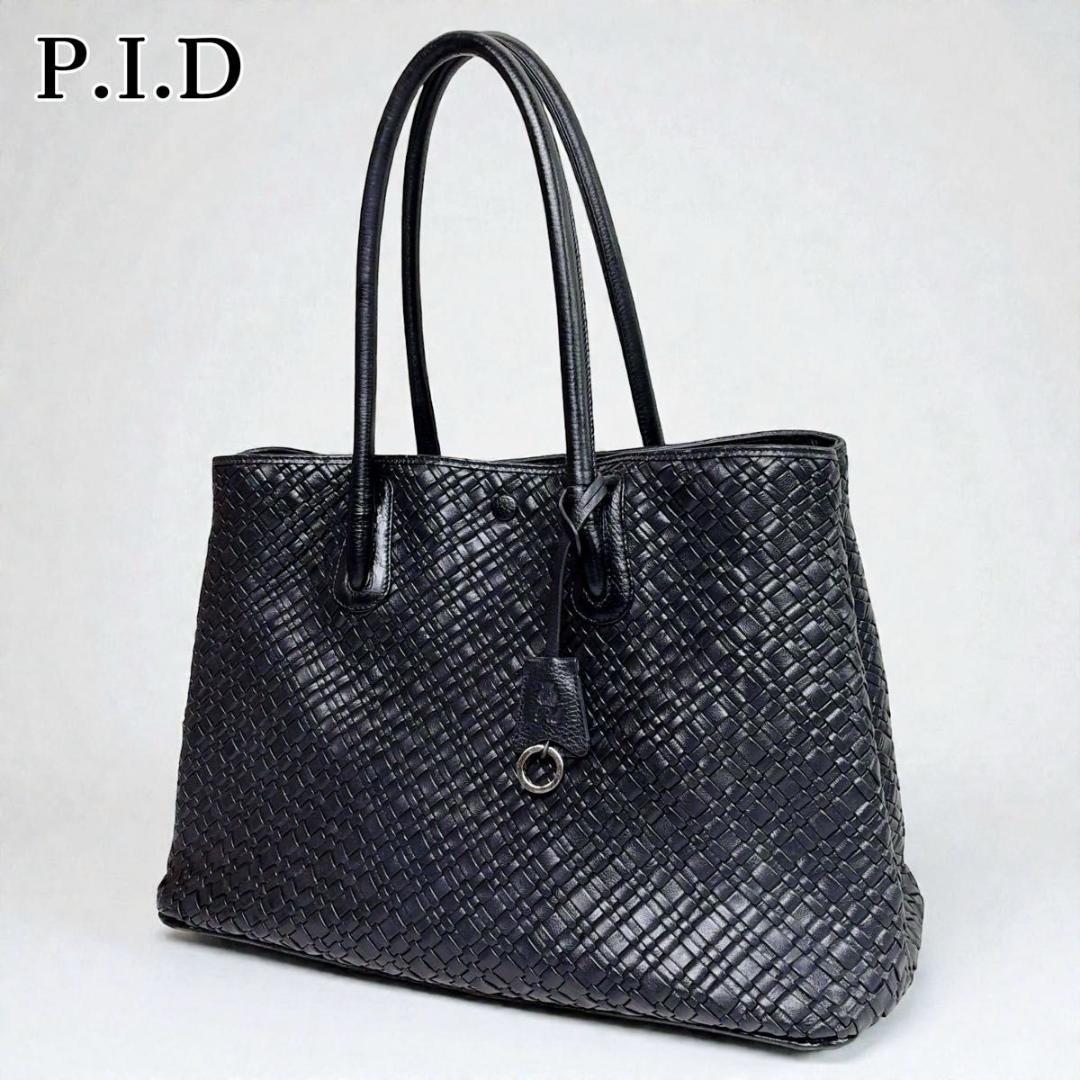 【ピー・アイ・ディー】 トートバッグ レザー 黒 通勤 イントレチャート 黒