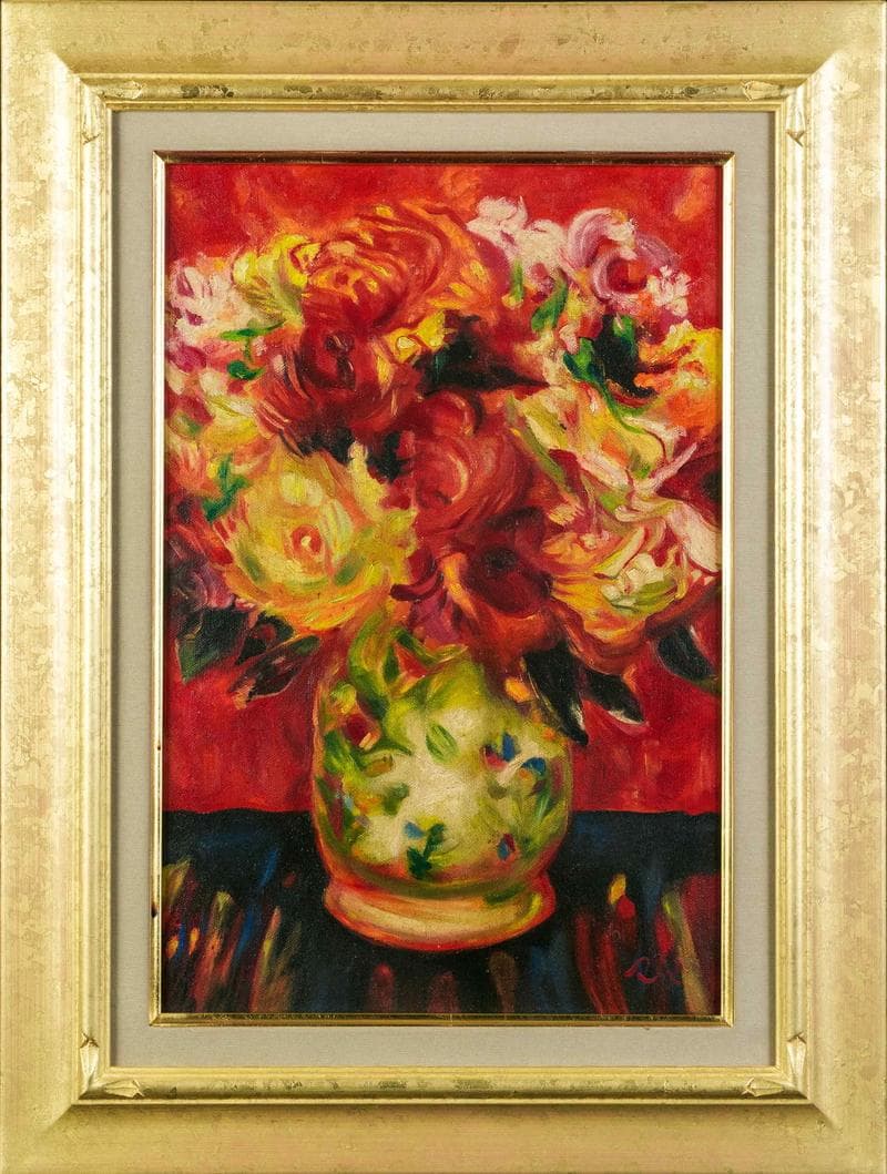 梅原龍三郎　油彩　肉筆『薔薇』表と裏サイン　中川一政鑑定　P6号　額装　b840