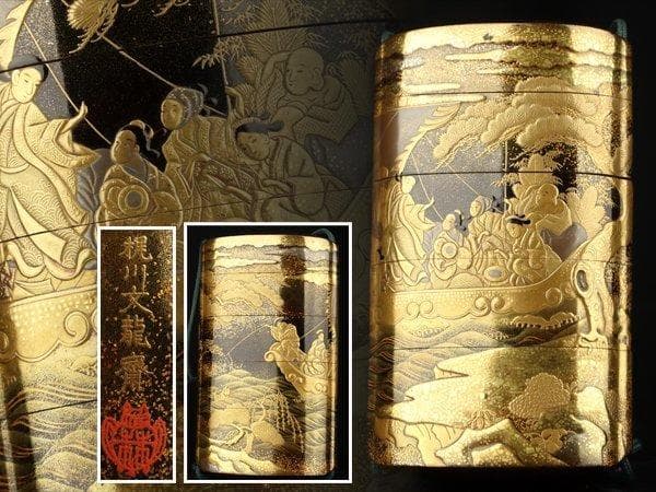 金地船人物高蒔絵印籠　梶川文龍斎作（江戸時代・美術館展示クラス・根付）