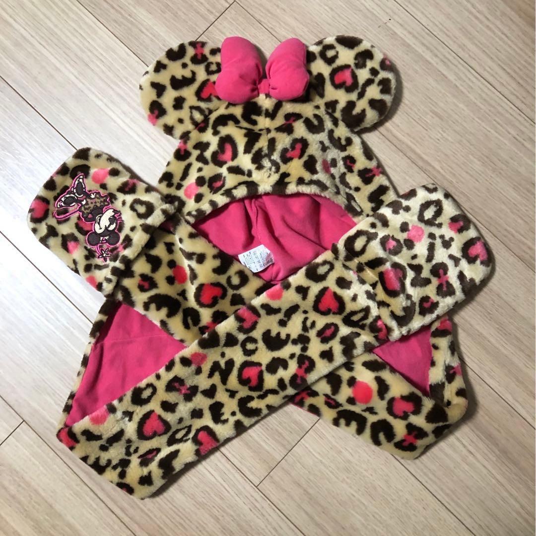 ディズニー　ファンキャップ　マフラーキャップ　ミニー　茶色　ヒョウ柄