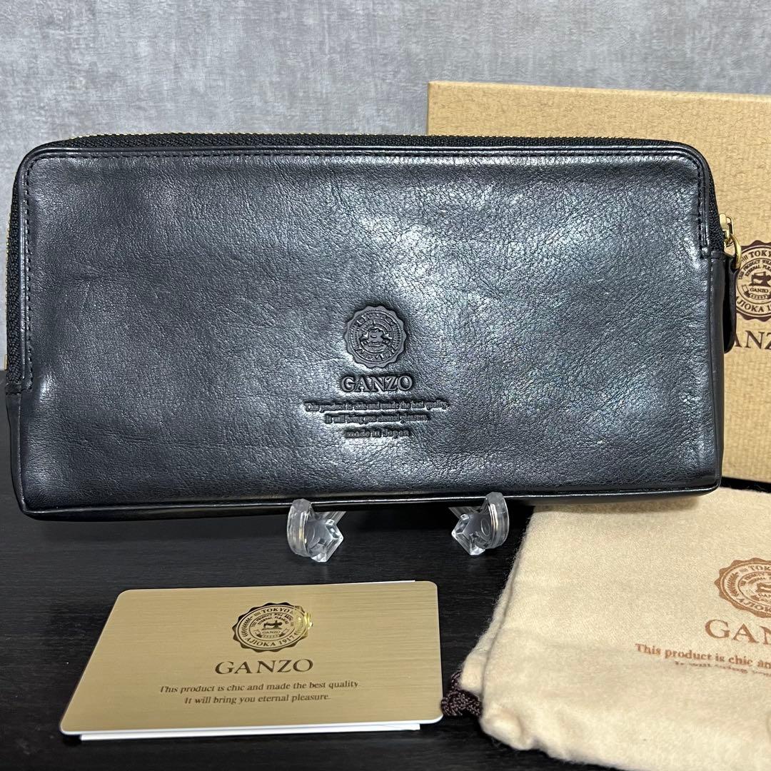 GANZO ミネルバナチュラル ブラックレザー ラウンドジップ 長財布