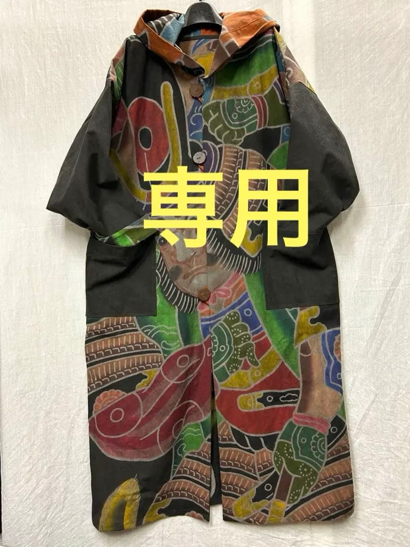 墨染め　幟旗　武者+虎　フード付きロングコート　男女兼用　単