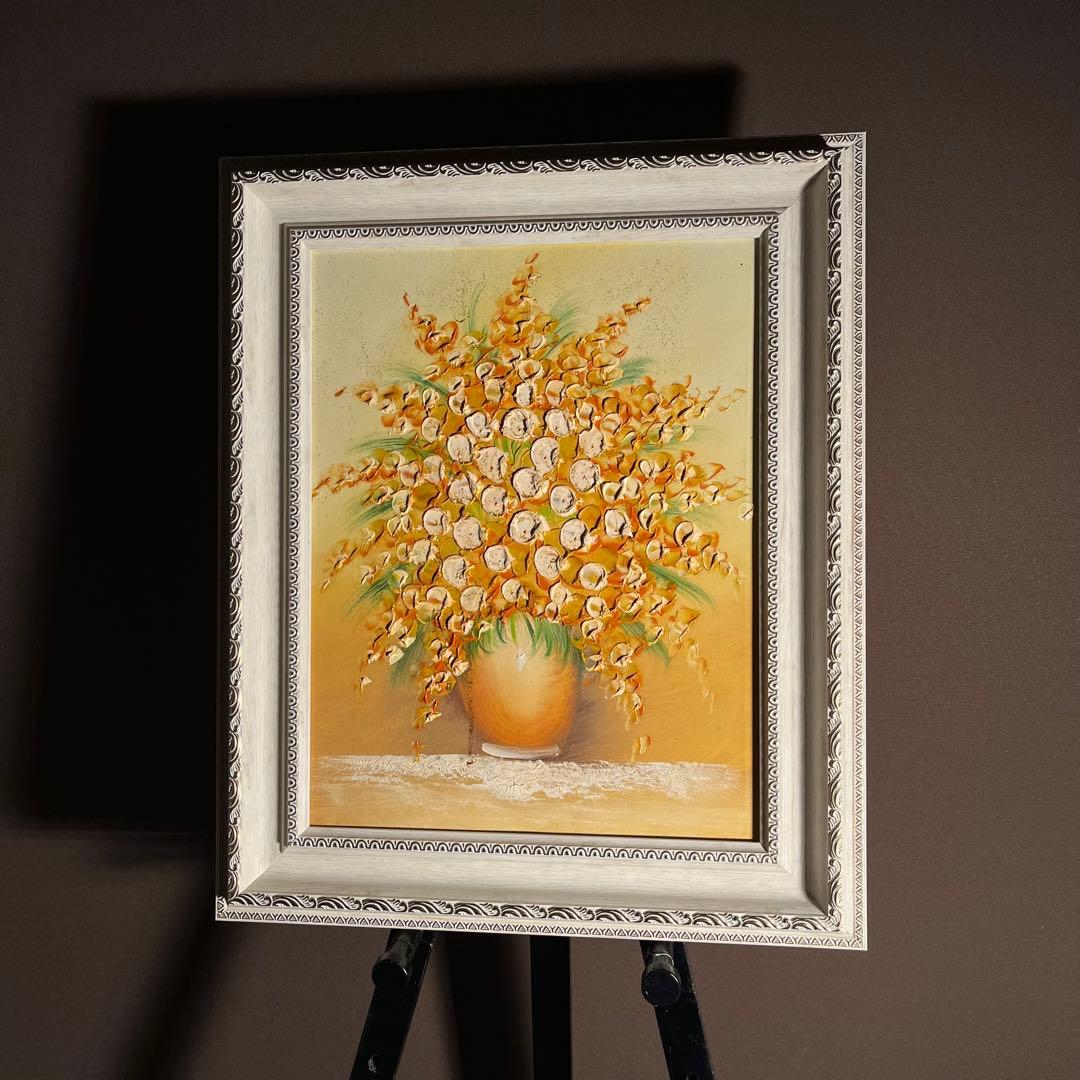 ★秀作★ 手書き油絵 花瓶の花 額付 肉筆絵画 インテリア 油彩画