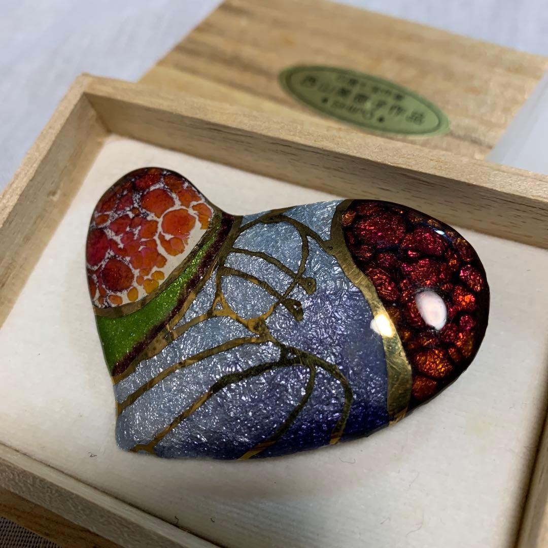 未使用◾️七宝焼ブローチ◾️日展作家 西山美恵子作　ハート型　木製箱付き