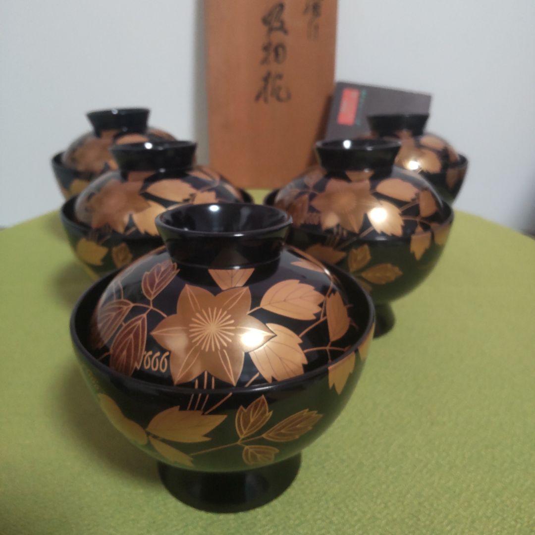 輪島塗 鉄泉蒔絵 椀 蓋付 花 吸い飲椀 箱付