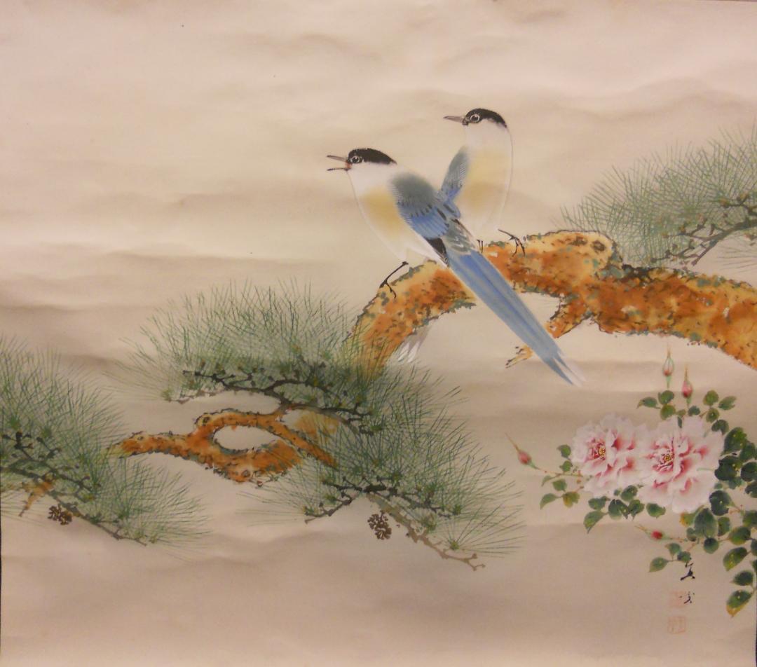 掛け軸 大堂 作 『 不老長春 』 絹本 希少 軸装 茶道具 掛軸 美品 です。