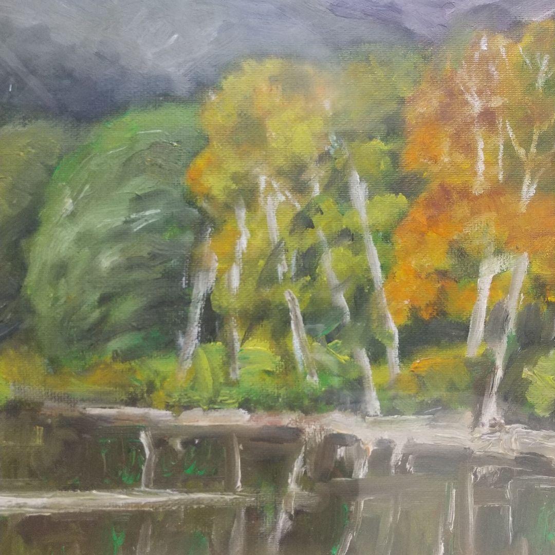 油彩画 山と湖の風景 金色フレーム付き - メルカリ