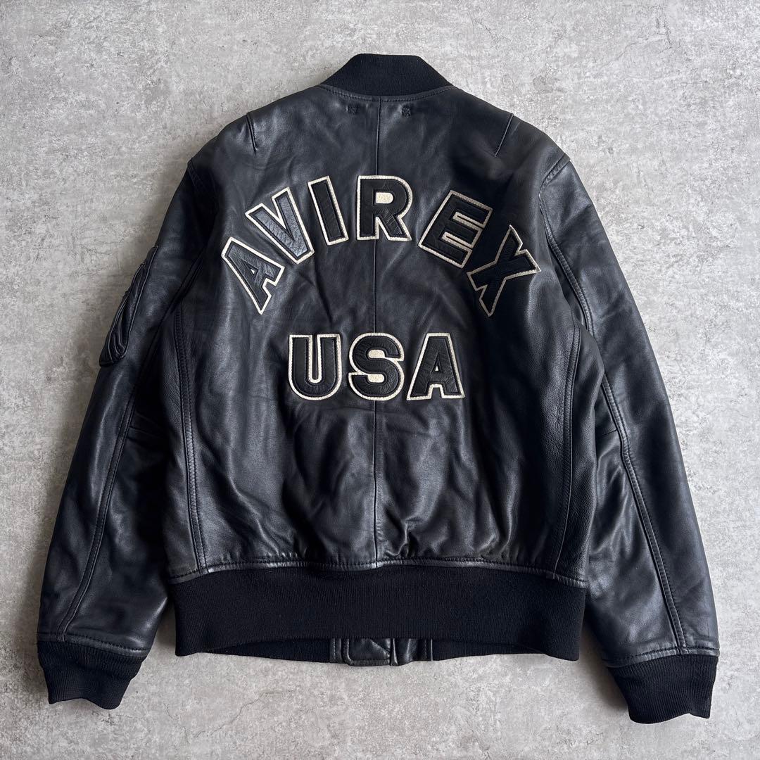 極美品■AVIREX【L】ラムレザー ボンバージャケット アーチロゴ ブラック