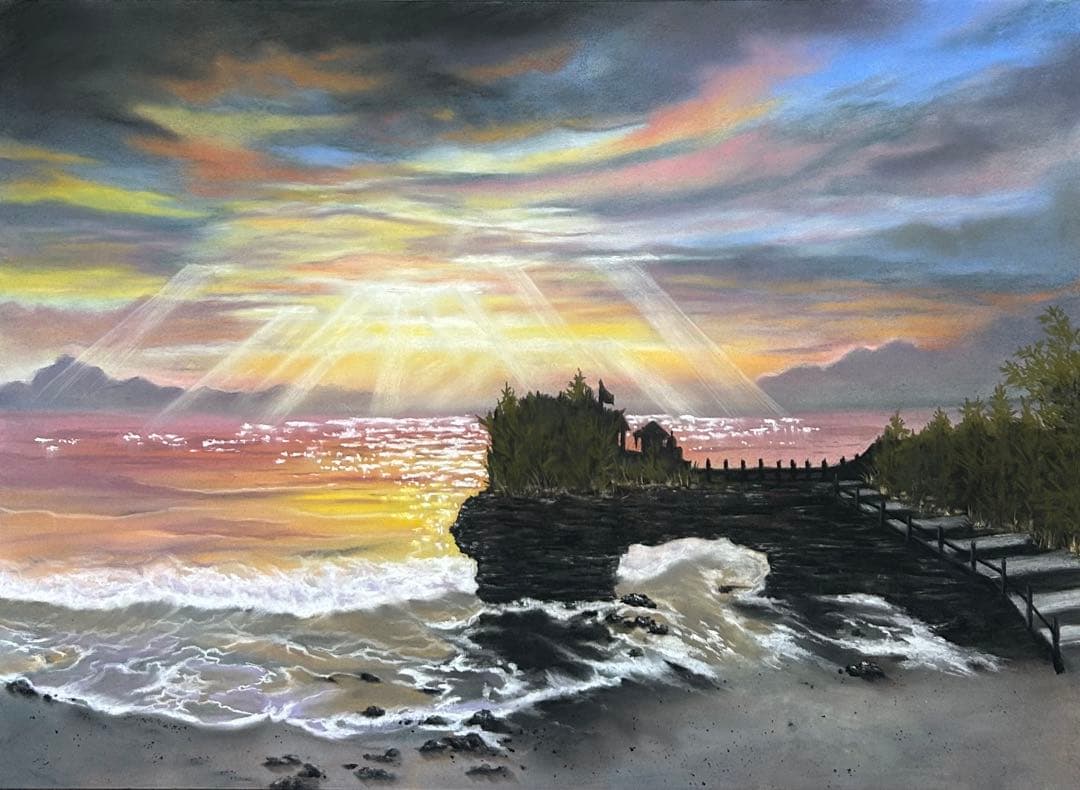 夕陽を眺める景色 パステル画 原画 54.0×39.5