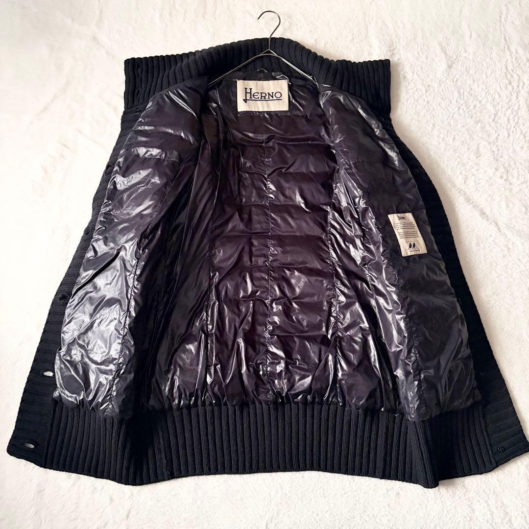 6219 美品✨ ヘルノ ハイネックリブダウンコート 44 ブラック 異素材