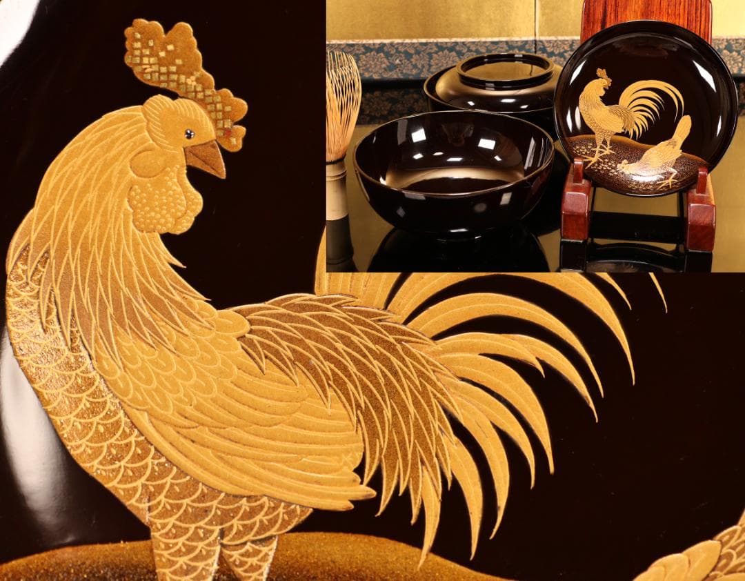 BK415　時代輪島塗　竹鶏図金蒔絵　吸物鶏　二客　木製　茶道具 懐石 会席 CA56 時代輪島塗 黒塗孔雀文様金蒔絵椀五客 高盛細密螺鈿細工 木製漆器