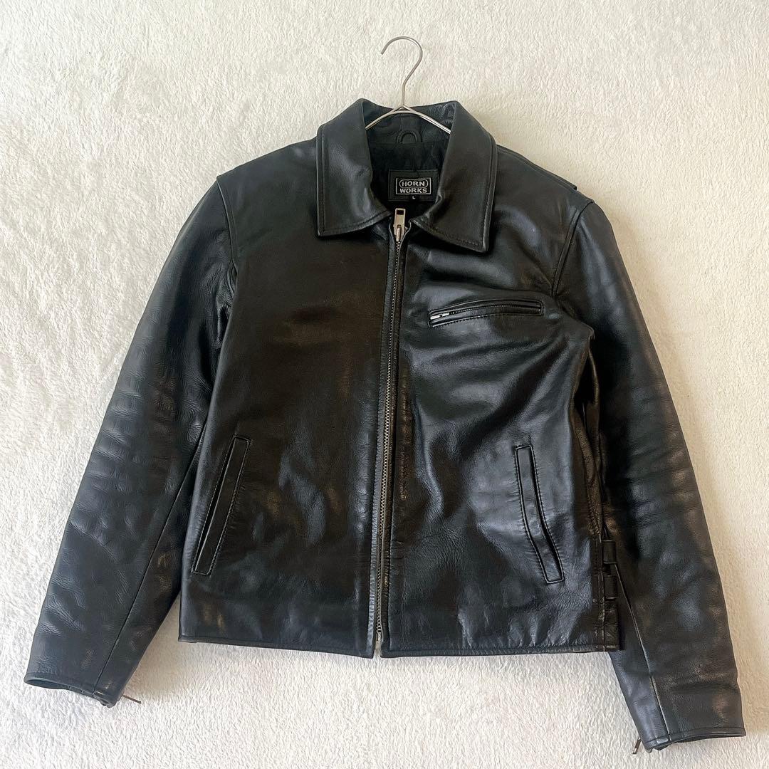 HORN WORKS シングルライダースジャケット レザー 本革 黒 サイズL Horn Works 本革 襟付きシングルライダースジャケット メンズ ホーン