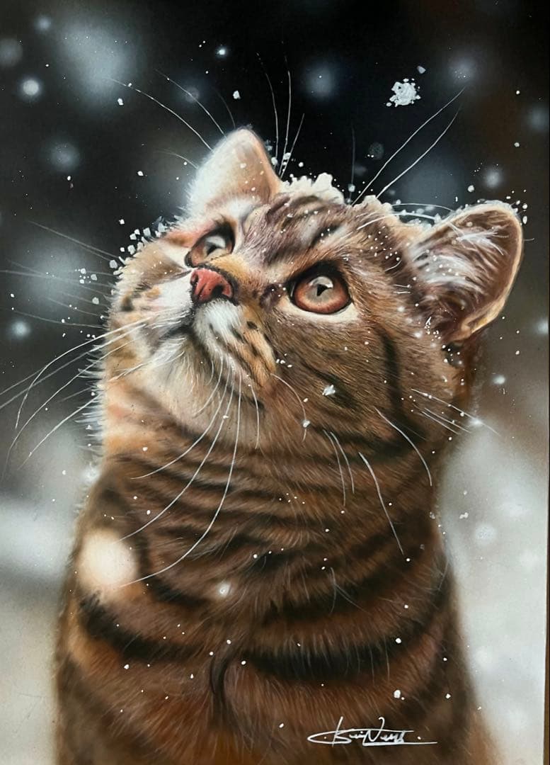 リアルな猫の色鉛筆&アクリル画　雪の中