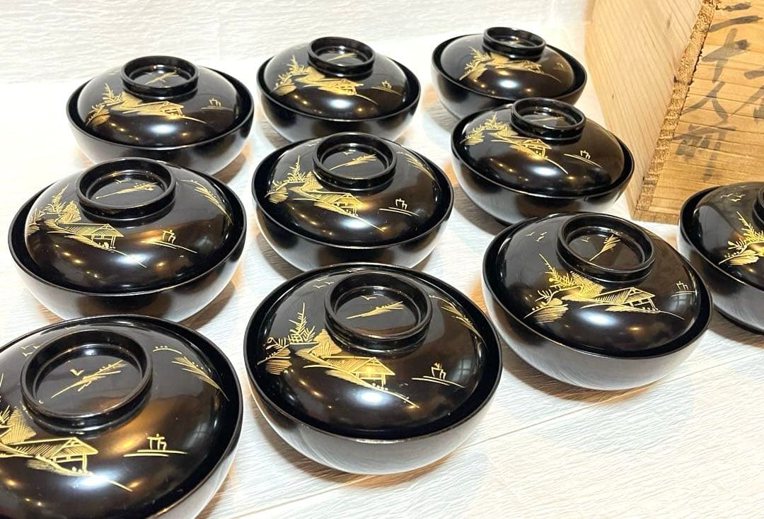 木製漆器 吸物椀 10客 金蒔絵 骨董 時代物 アンティーク175