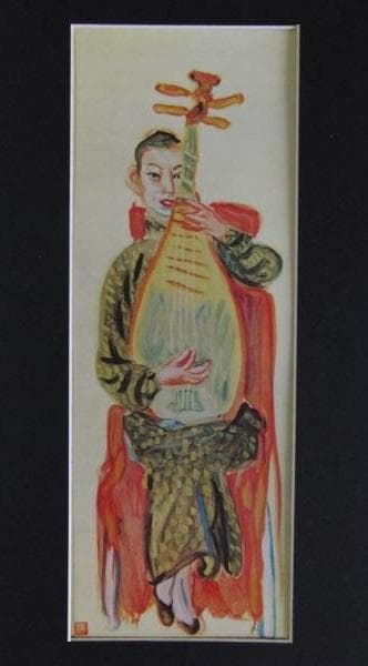 梅原龍三郎、【弾琵琶図】、希少な大判額装用画集より、美品、日本人画家