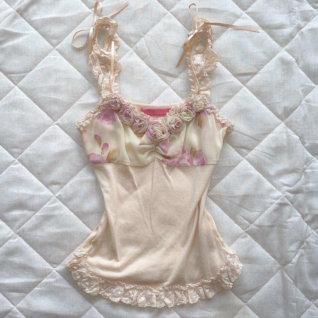 00s ジーザスディアマンテ ぼかし薔薇レースストラップキャミ 姫ギャル 姫ギャル #平成ブチ上げ #ジーザスディアマンテ #ぼかし薔薇柄 #盛り髪