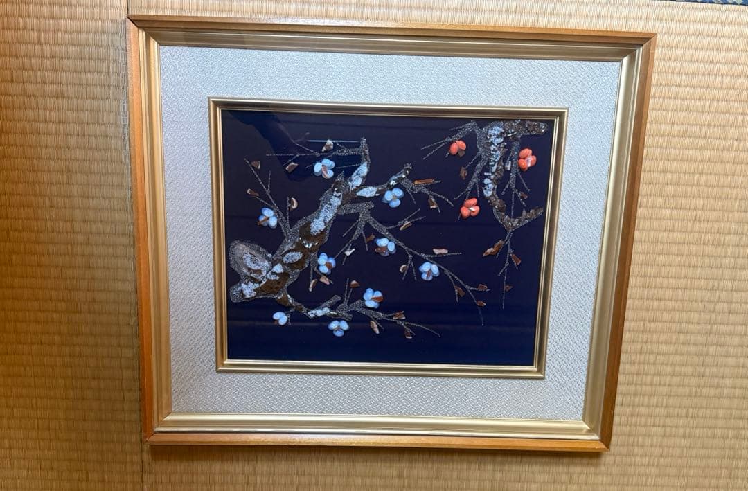 日本画　梅の花 立体装飾画 和風 額装 インテリア　天然石　アート　春　和モダン