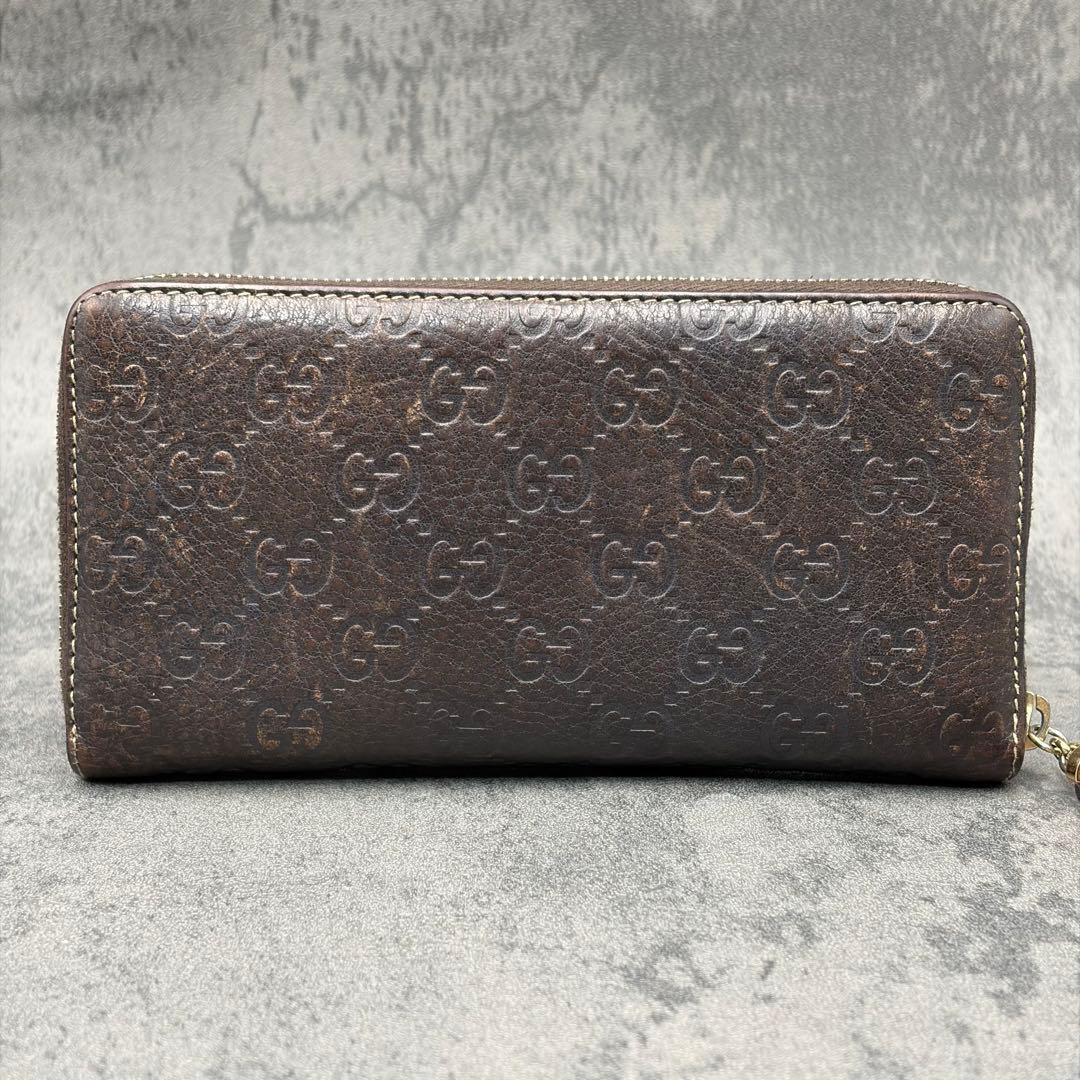 美品 グッチ レオパード シマ ラウンドジップ 長財布 茶 バンブー