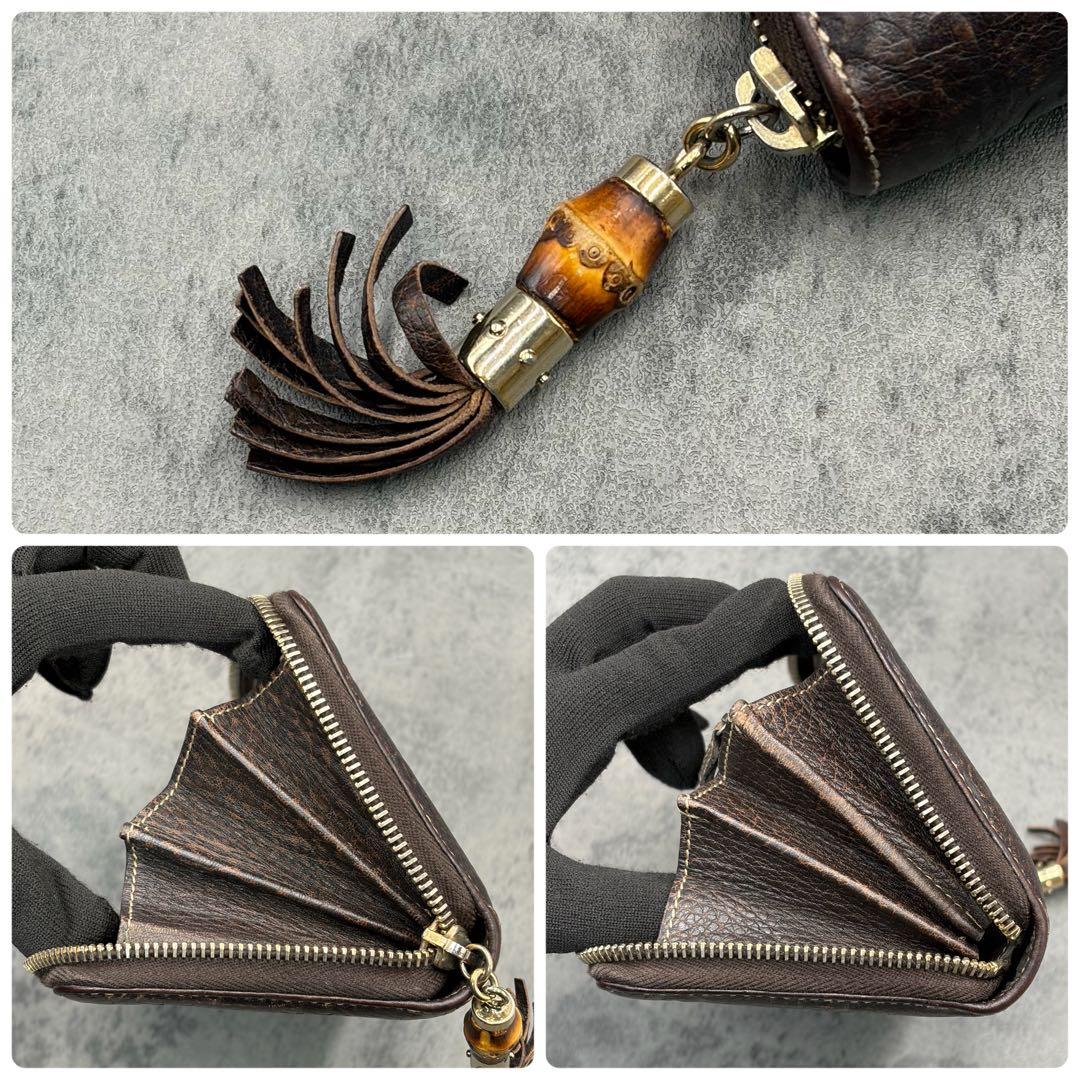 美品 グッチ レオパード シマ ラウンドジップ 長財布 茶 バンブー