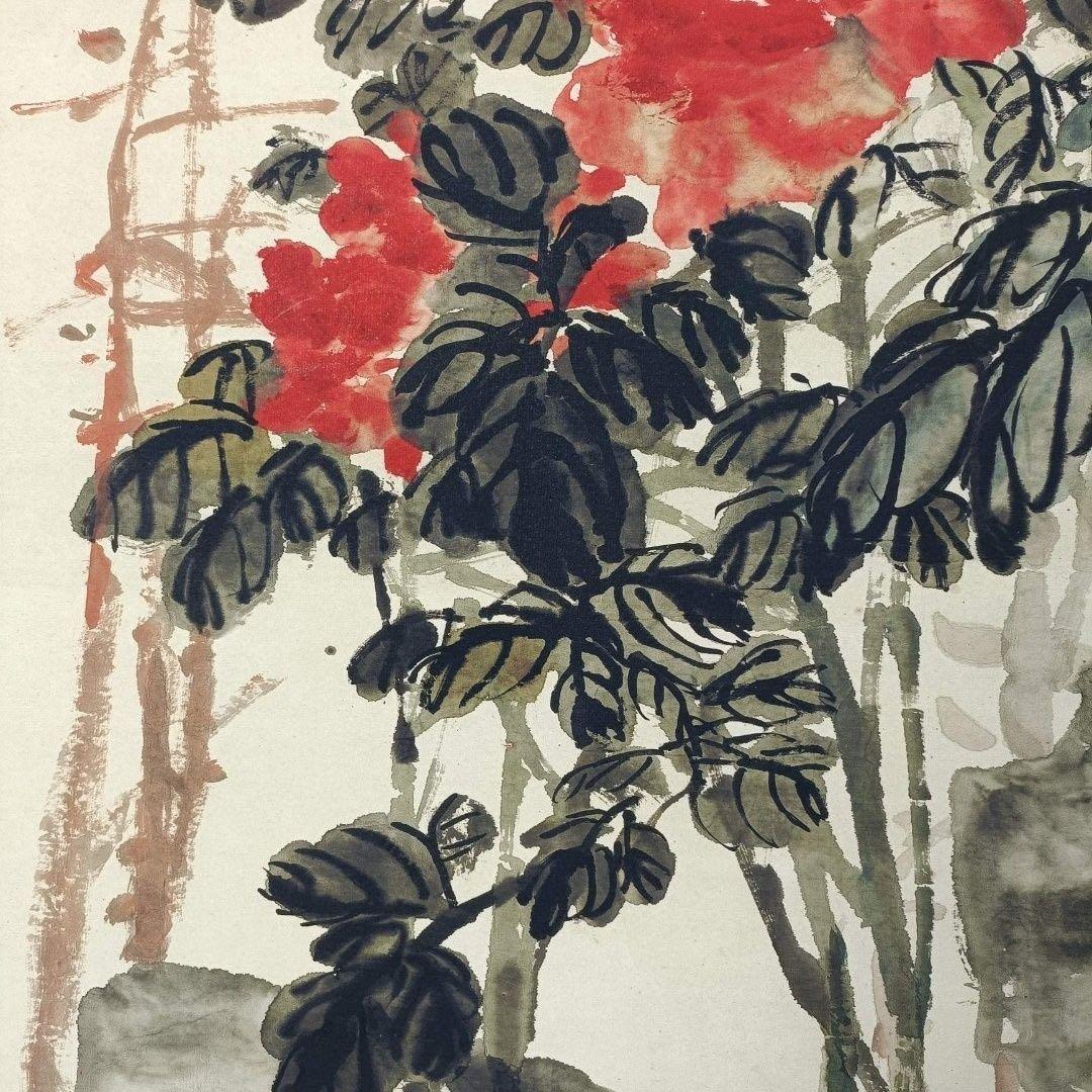 呉昌碩 花卉図 掛け軸 中国画 三尺中堂 牡丹図 中国美術 床の間 77×175