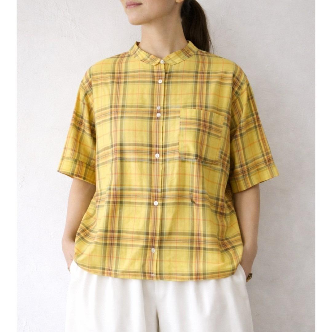 Linenya】 バンドカラー 前開きシャツ イエロー チェック 日本製 F