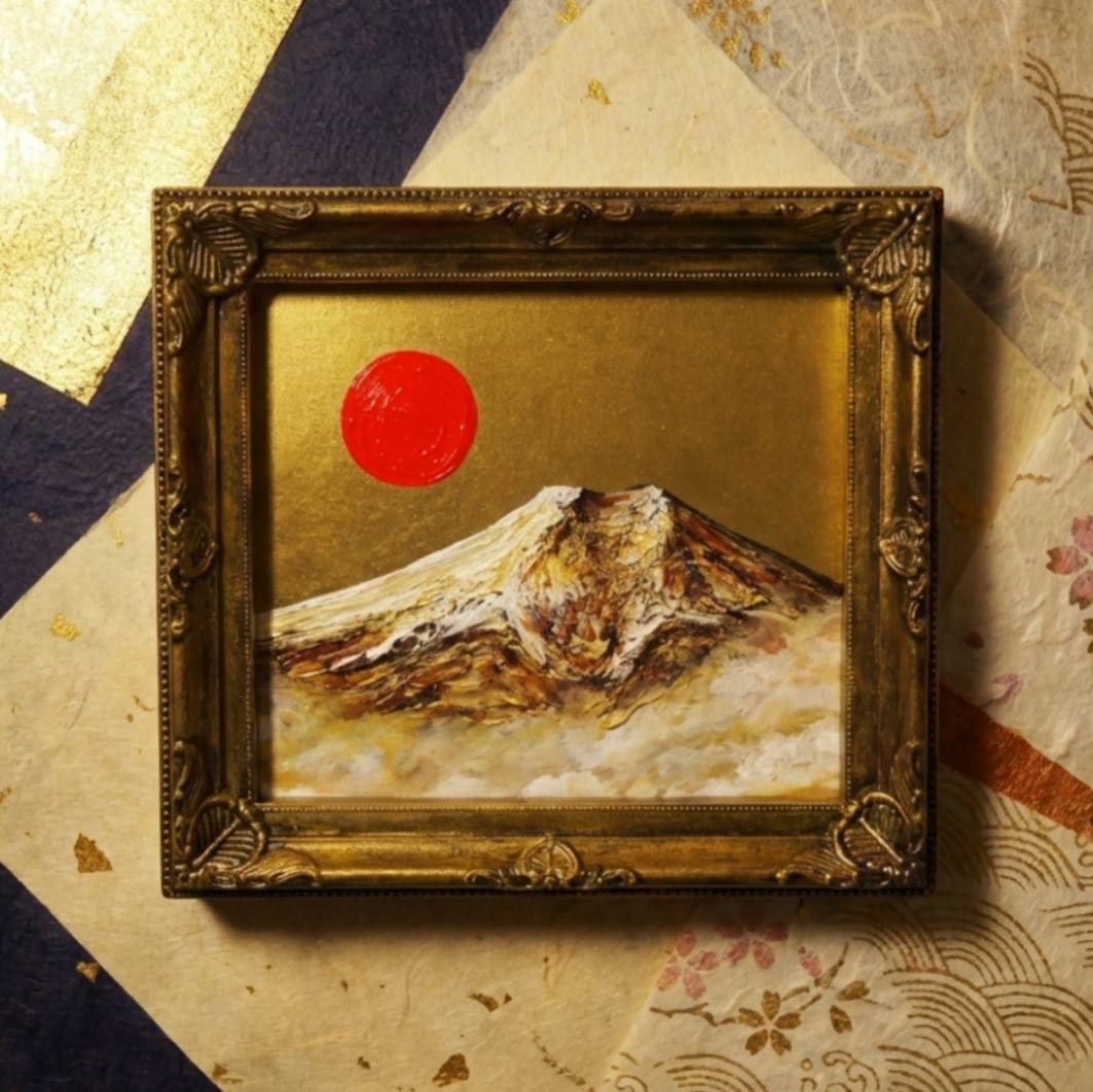 【真作】油絵 ミニ色紙「黄金富士山」額縁付 金運・開運 縁起物 原画 手描き