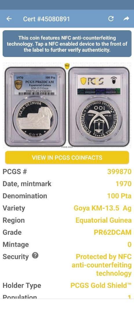 1970年 赤道ギニア銀貨 100ペセタ ゴヤ銀貨 PCGS PR62 DCAM - メルカリ