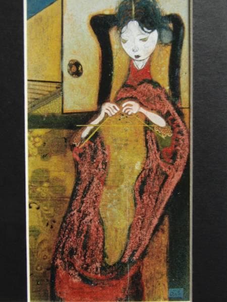 靉光、編み物をする女、希少な額装用画集より、美品、新品額装付