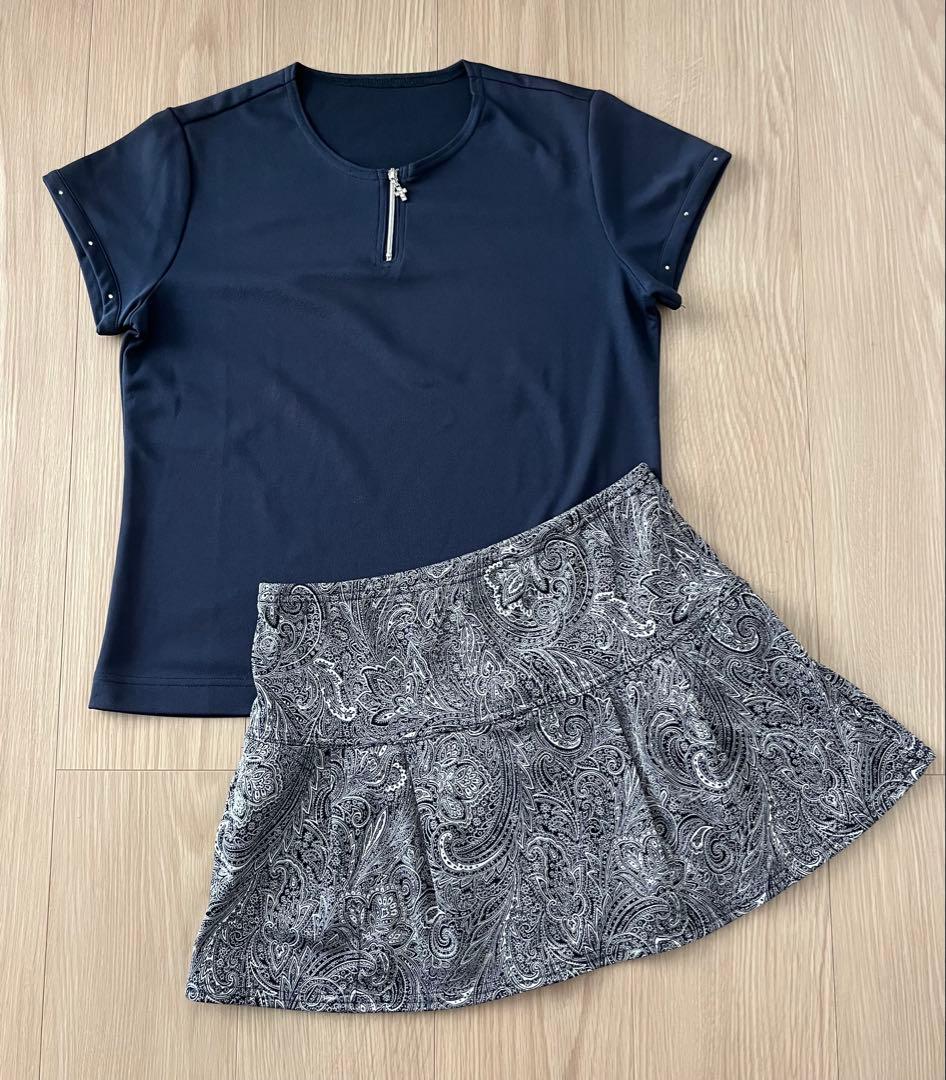 L'oetufルフ ネイビーラインストーンシャツペイズリー柄スコートセットアップ