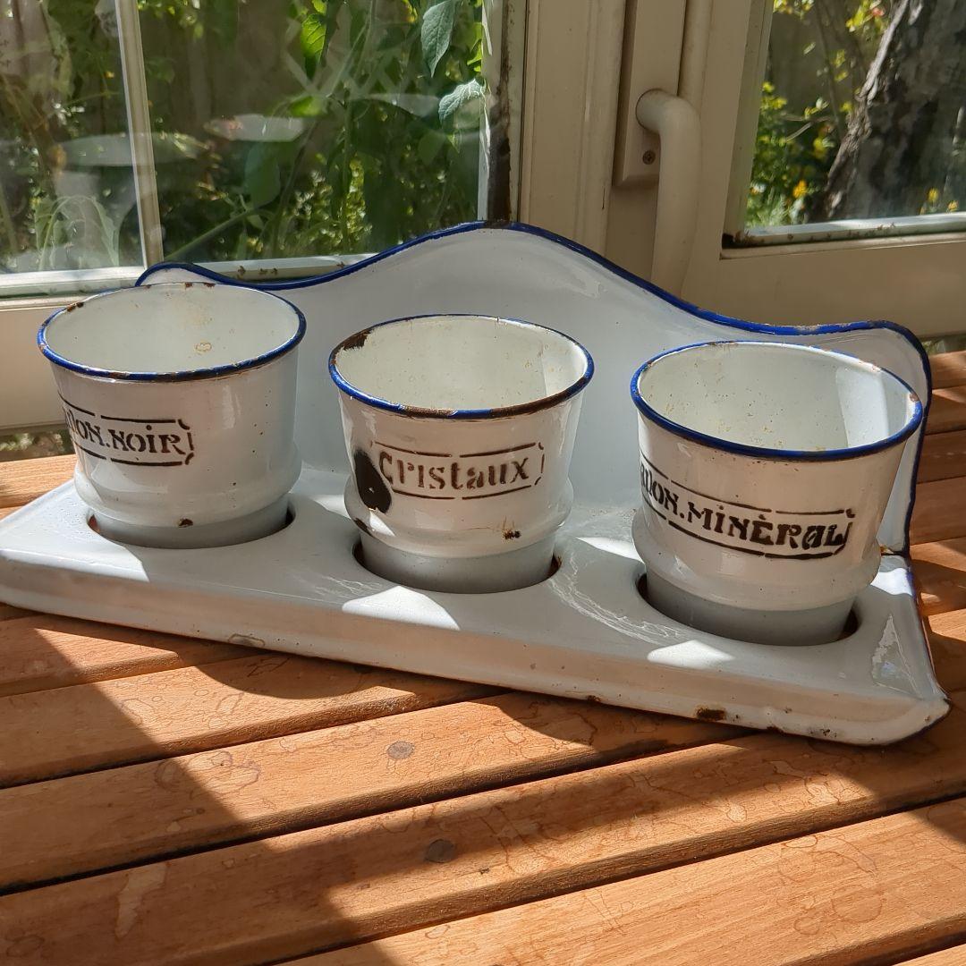 アンティーク　エナメルポット　3コンパートメント イギリス アンティーク ホーローポット エナメル キッチン 琺瑯雑貨