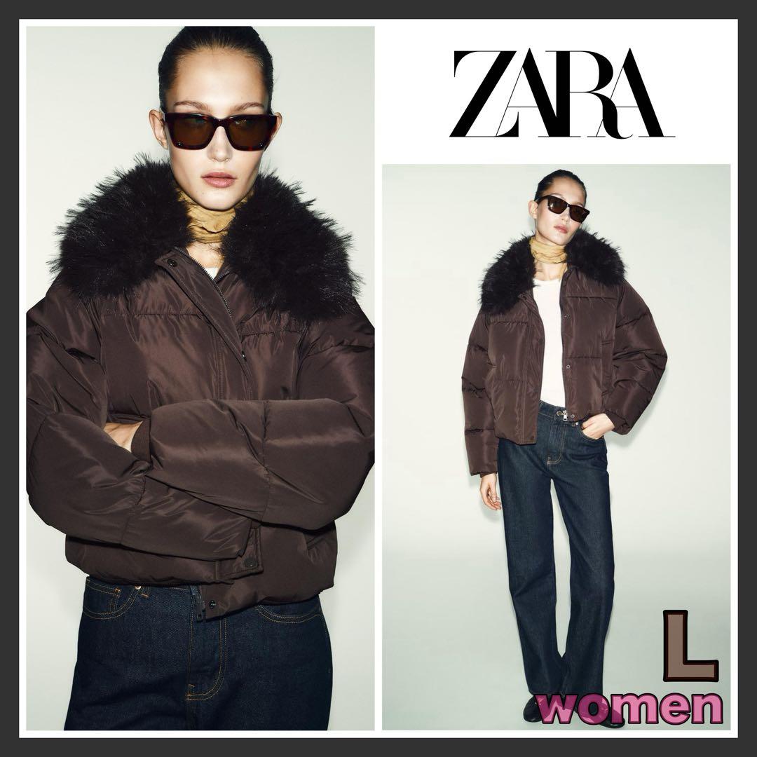 ZARA フェイクファーラペル キルティング ボンバージャケット ブラウン