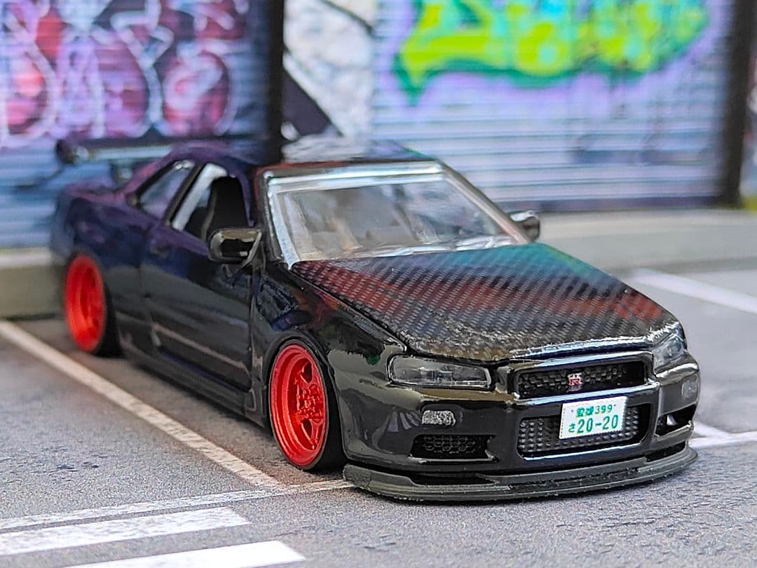 トミカ改造 日産 R34 GTR ボンネット開閉 黒マジョレット ホット