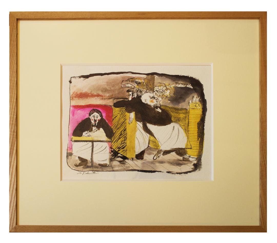 筧本生 水彩とインク『カフェのギャルソン3人』 かけいもとなり 1978年