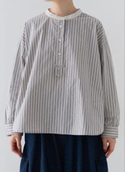 nest Robe : コットンストライププルオンシャツ●F●グレー×ブルー