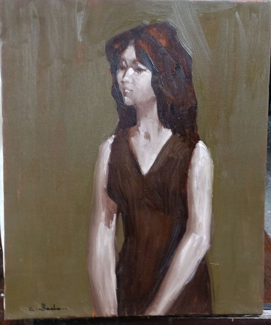 池田千鶴子　くつろぎ　8号油彩　額なし　京都東峰美術旧蔵 京都東峰美術の絵画 曳野豊重、出口修、藤田亥之助、池田千鶴子、石村