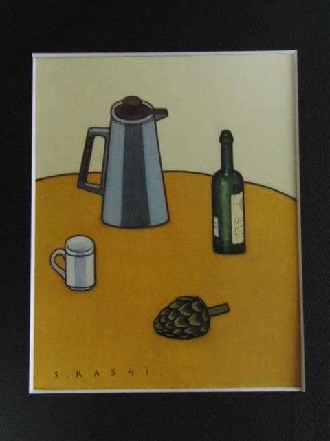 笠井誠一、【ポットと朝鮮あざみのある静物】、希少な大判額装用画集より