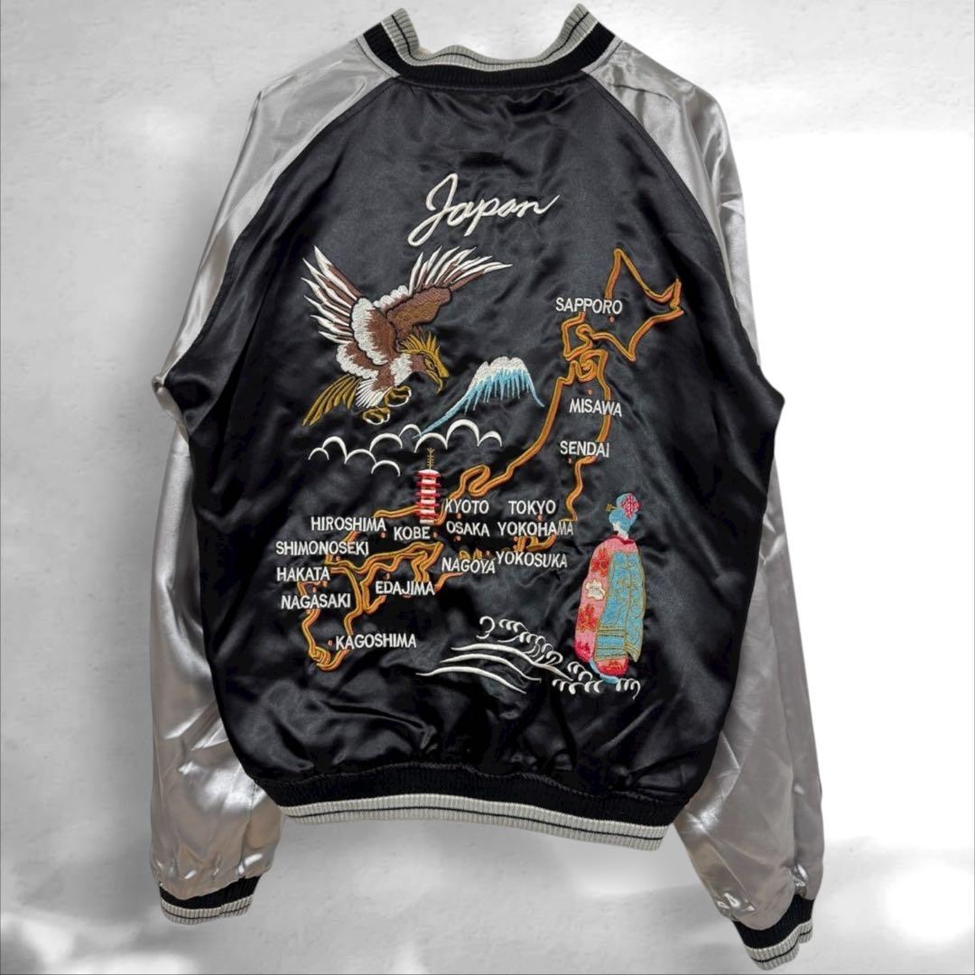 希少スカジャン リバーシブルジャンパー日本地図 鷹刺繍　ドクロ桜　M（a1