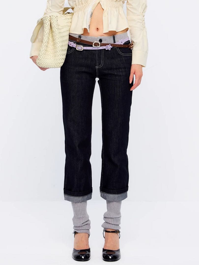 ダークデニム スキニーパンツ リブ裾付き スプライス 個性的 ローライズ